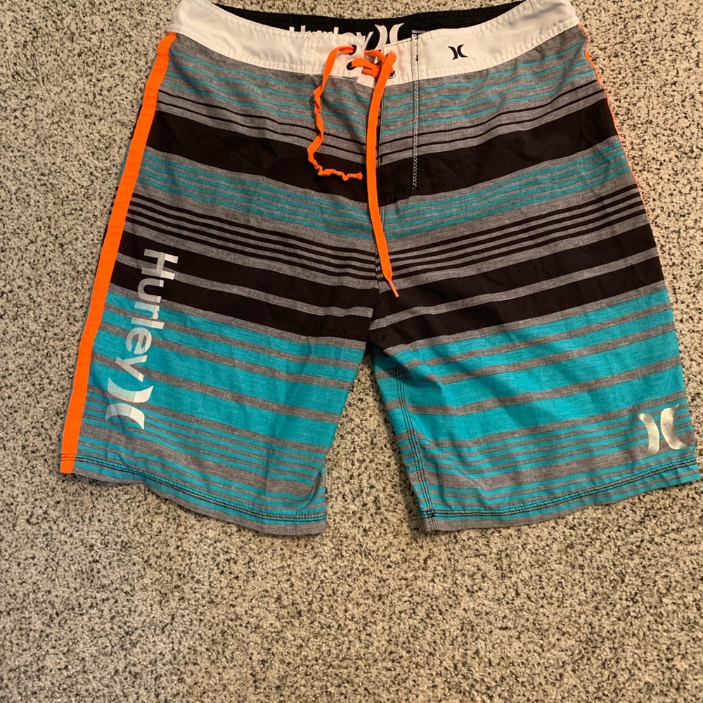 Hurley Blue and Orange Board Shorts with Modern Stripes